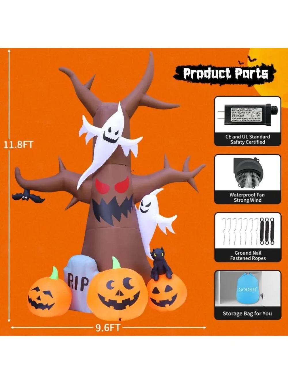 12 FT Halloween Inflatable Scary Dead Tree with Pumpkin & Ghost - LED Yard Decor